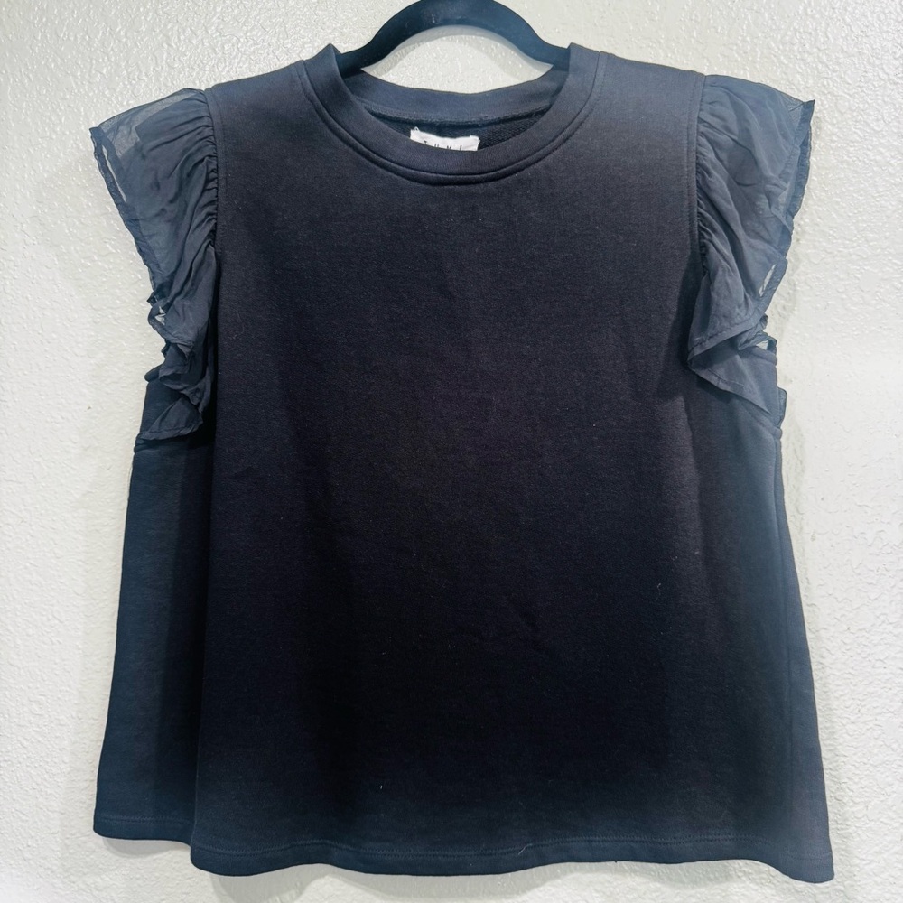 New THML Danica French Terry Black Ruffle Sleeve Top Size Medium - Picture 3 of 10